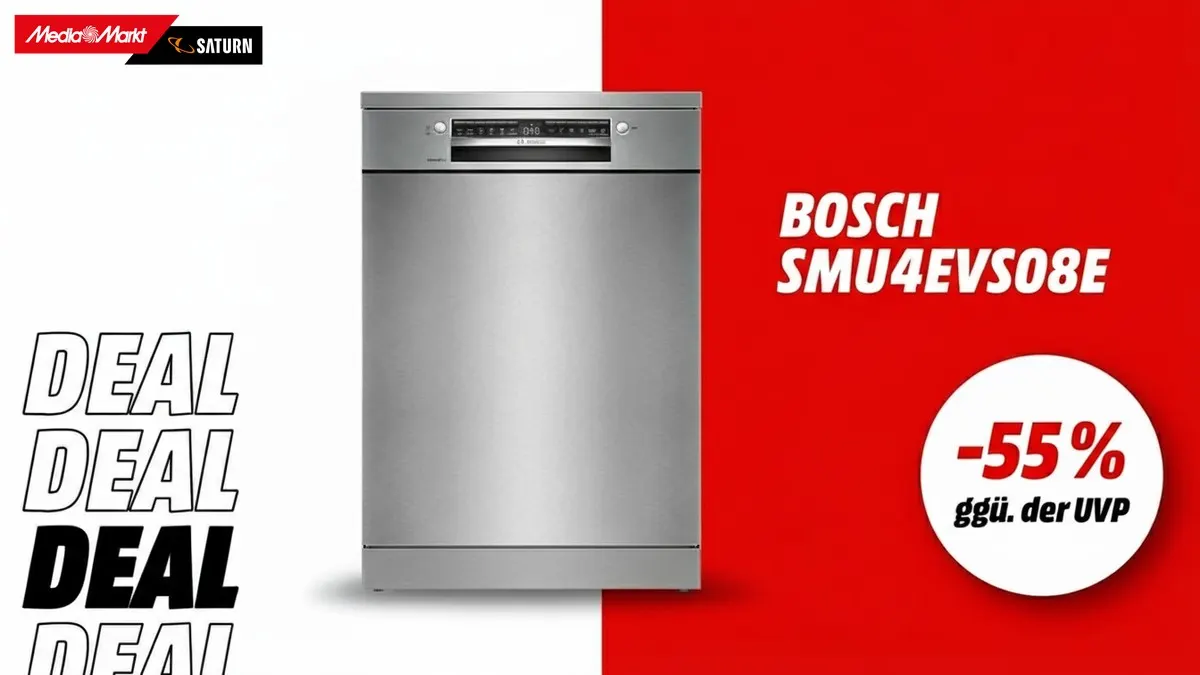 Der unterbaufähige Bosch SMU4EVS08E Geschirrspüler und Hinweis auf 55 Prozent Rabatt gegenüber der UVP.