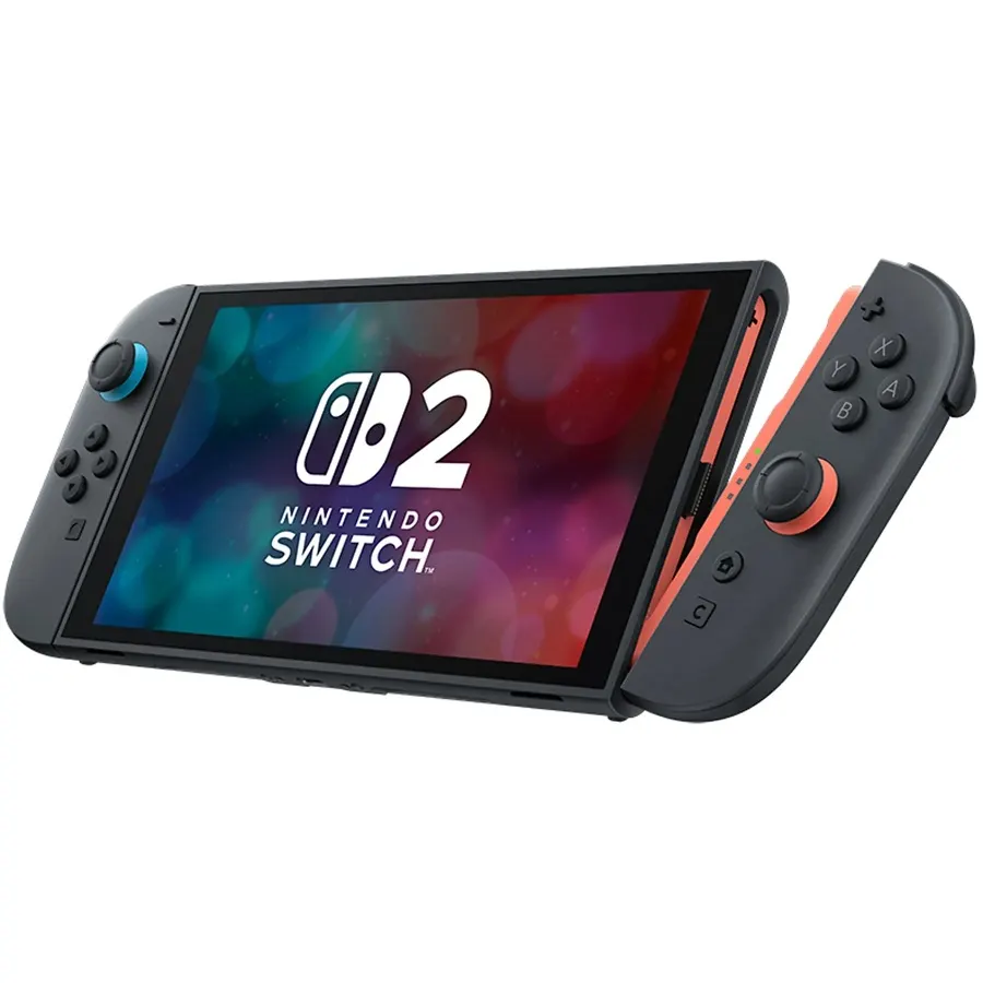 Tragbare Spielkonsole mit abnehmbarem rechten Controller, auf dem Bildschirm steht das Nintendo Switch 2 Logo.