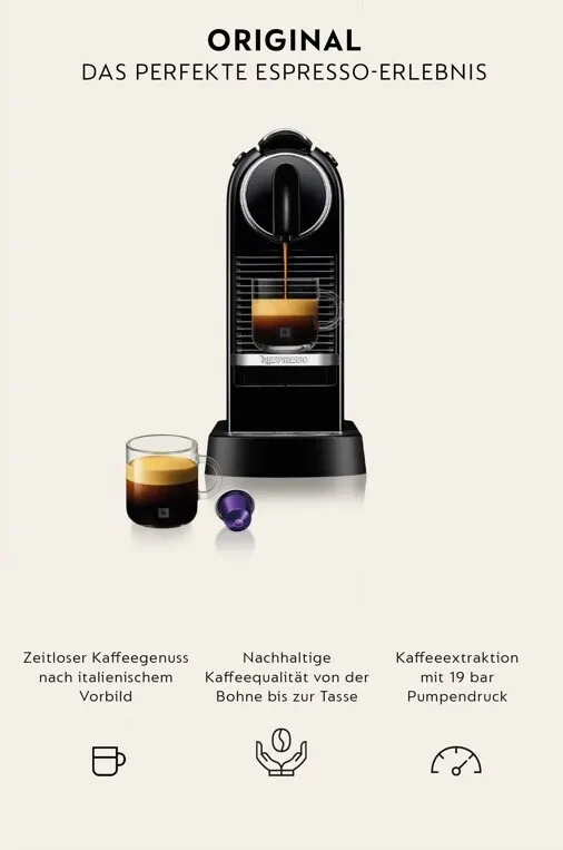 Eine schwarze Kaffeemaschine füllt eine Tasse mit Kaffee. Eine weitere Tasse und Kapsel stehen daneben.