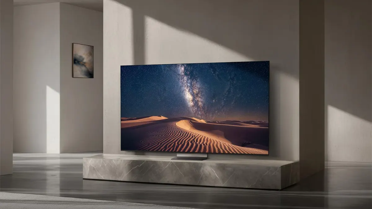 Der Fernseher Samsung R95H steht auf einem Sockel in einem Wohnzimmer.