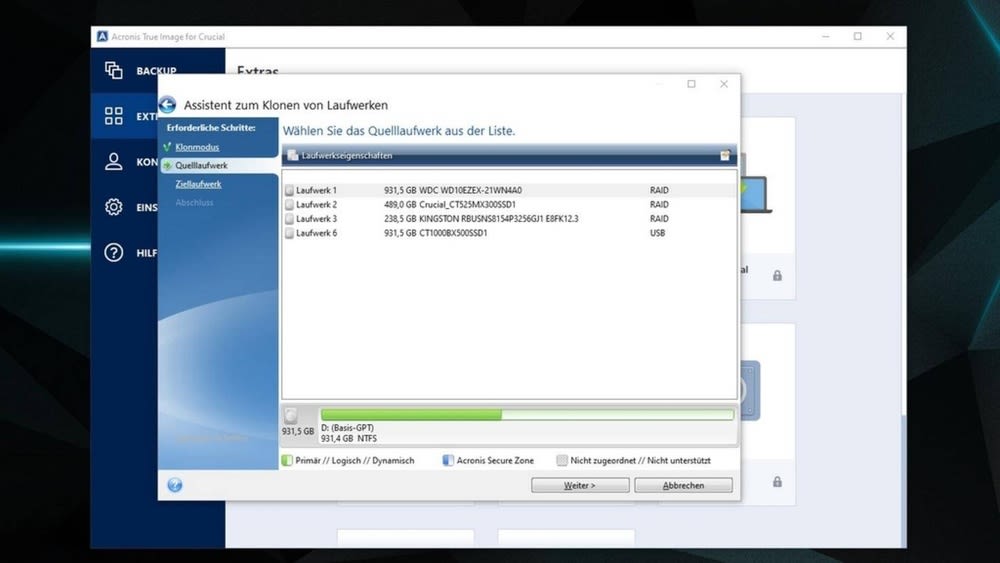 Grüner Balken lädt unten im Bild in der Acronis-Software