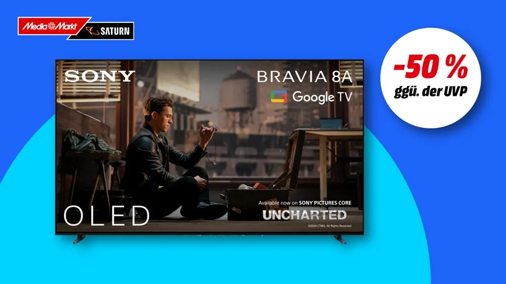 Sony Bravia 8 65 Zoll TV, Hinweis auf 50 Prozent Rabatt gegenüber UVP auf blauem Hintergrund. 