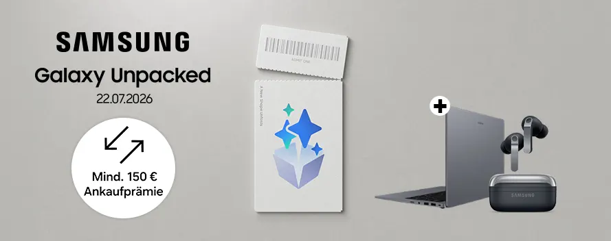 Samsung Galaxy Unpacked Grafik mit Ticket-Symbol sowie Laptop und Galaxy Buds als Bundle.