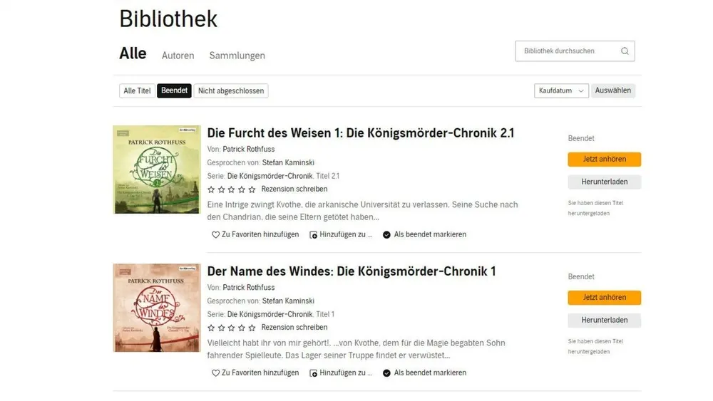 Webseite mit "Bibliothek"-Überschrift, die Buchcover und zugehörige Details anzeigt. Filter- und Suchoptionen sind verfügbar.