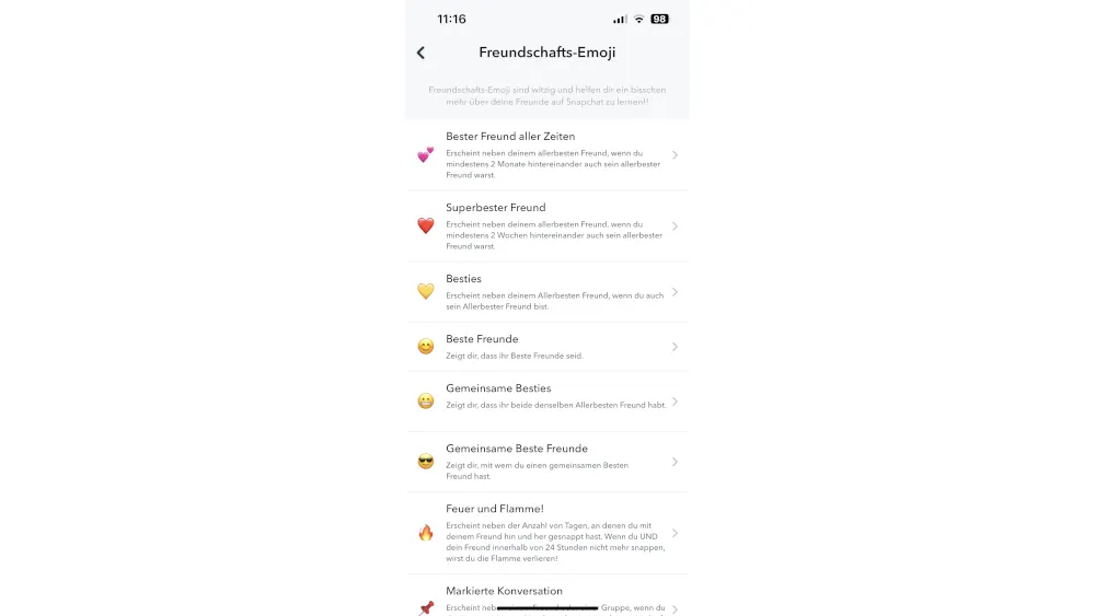 Handydisplay zeigt "Freundschafts-Emoji" mit Beschreibungen wie "Bester Freund aller Zeiten", "Superbester Freund" und Emojis.