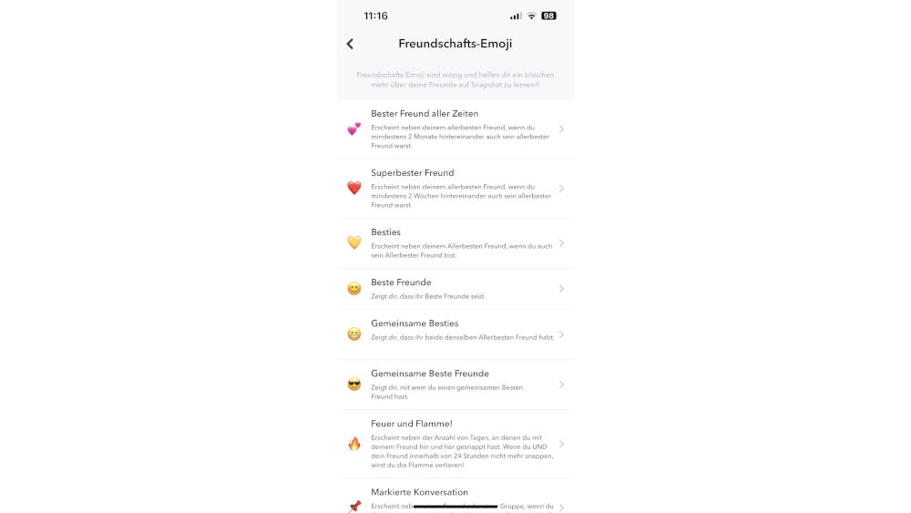 Ein Screenshot zeigt die Emoji-Liste der Snapchat-App.