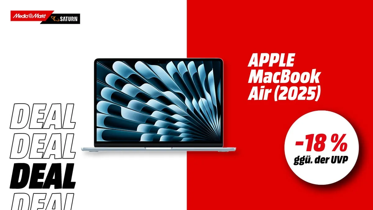 Apple MacBook Air MC6T4D/A mit 13,6 Zoll Display und Apple M4-Chip in schlankem Gehäuse, aktuell mit -18 % (ggü. der UVP) reduziert.