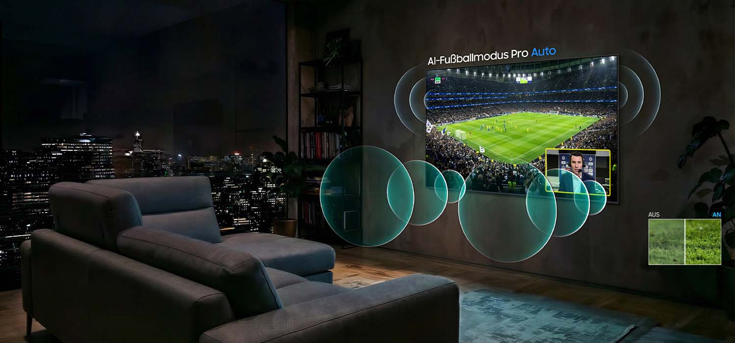 Wohnzimmer mit Fernseher im AI-Fußballmodus Pro Auto, der ein Fußballspiel mit verbessertem Bild und Klang zeigt.