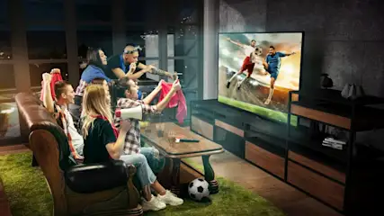 Eine Gruppe von Personen schaut ein Fußballspiel im Fernsehen und jubelt. Auf dem Teppich liegt ein Fußball.