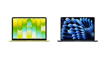 Das MacBook Neo in Gelb und das MacBook Air in Schwarz stehen aufgeklappt nebeneinander vor weißem Hintergrund.