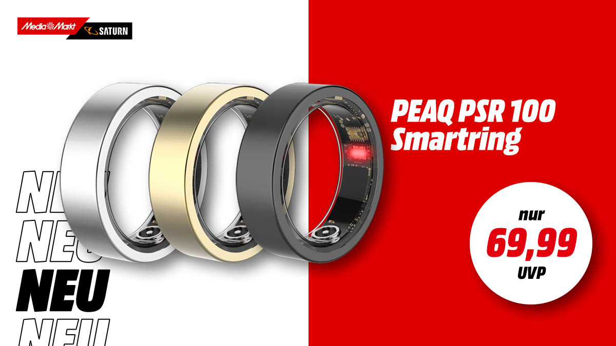 Der Smartring PSR 100 von PEAQ in der Farbe Silber und Hinweis auf unverbindliche Preisempfehlung über 69,99 Euro.