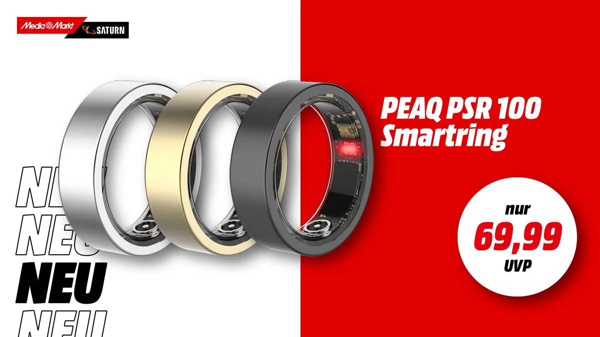 Der Smartring PSR 100 von PEAQ in der Farbe Silber und Hinweis auf unverbindliche Preisempfehlung über 69,99 Euro.