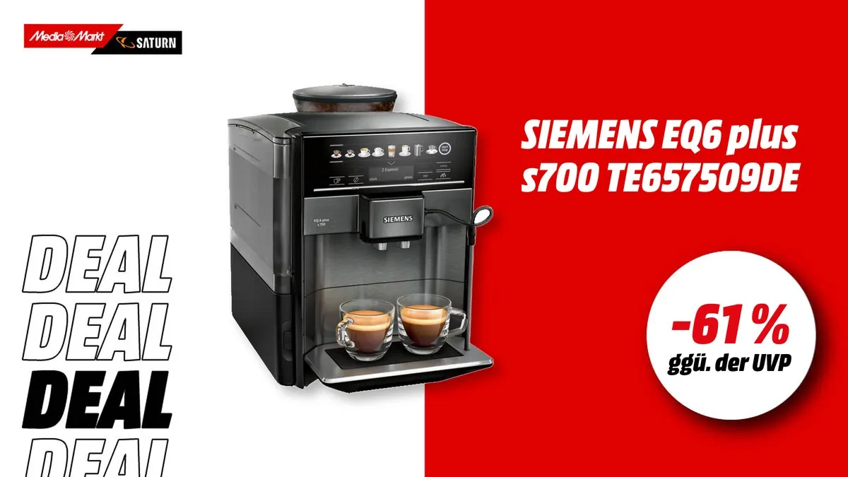 Siemens TE657509DE EQ6 plus s700 Kaffeevollautomat in Schwarz, aktuell mit -61 % (ggü. der UVP) reduziert