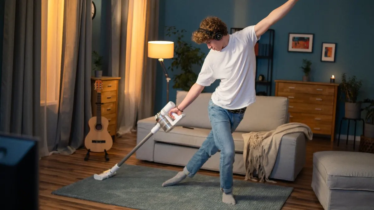 Ein Mann benutzt einen Staubsauger im Wohnzimmer auf einem Teppich und scheint dabei zu tanzen.
