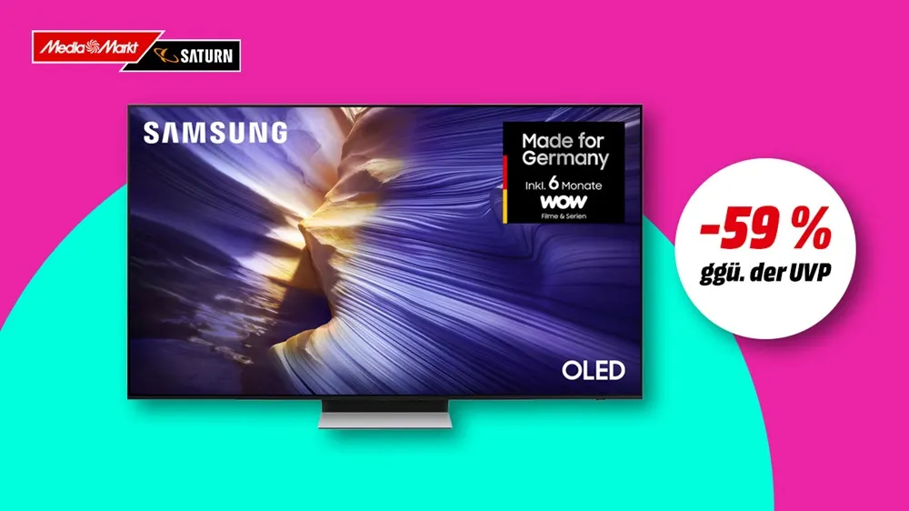  OLED Smart-TV S90F, Hinweis auf 59 Prozent Rabatt gegenüber UVP auf buntem Hintergrund.