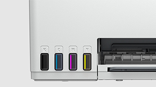 Weißer Drucker mit Tintebehältern in Schwarz, Cyan, Magenta und Gelb an der Seite. Rechts ist ein Papierausgabefach sichtbar.