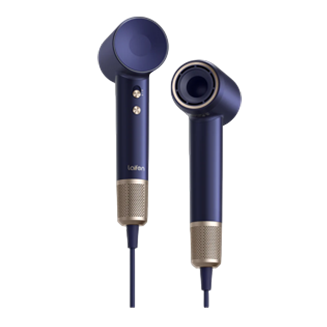 Blauer Laifen Haartrockner mit goldfarbenen Akzenten, modernem Design und sichtbaren Bedientasten.