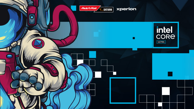 Astronaut im Anzug links, Logos von Media Markt, Saturn und Intel Core Ultra rechts, blaue Quadrate auf schwarzem Grund.