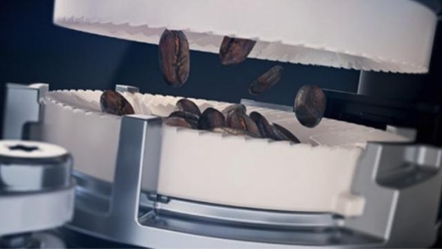 Kaffeebohnen fallen in eine weiße und silberne Kaffeemaschine. Einige Bohnen liegen bereits darin. Dunkler Hintergrund.