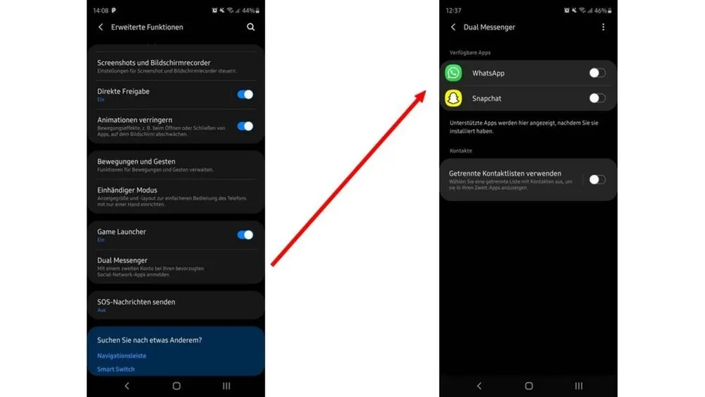 Zwei Smartphone-Screenshots zeigen Menüs für erweiterte Funktionen und Dual Messenger mit WhatsApp und Snapchat.