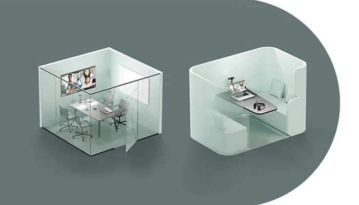 Darstellung eines Open-Office-Spaces und Huddle Rooms. Der Open-Office-Space ist größer, der Huddle Room bietet weniger Platz.