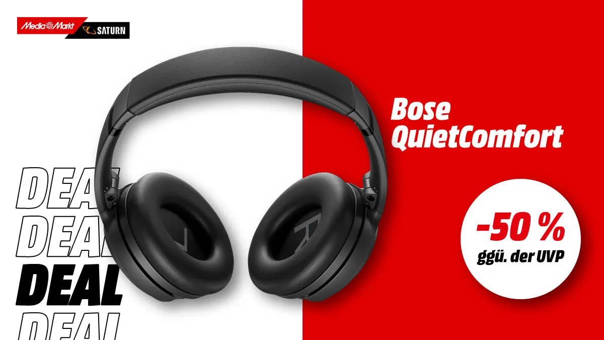 Die Bose Kopfhörer und Hinweis auf 50 Prozent Rabatt gegenüber der UVP auf weiß-rotem Hintergrund.
