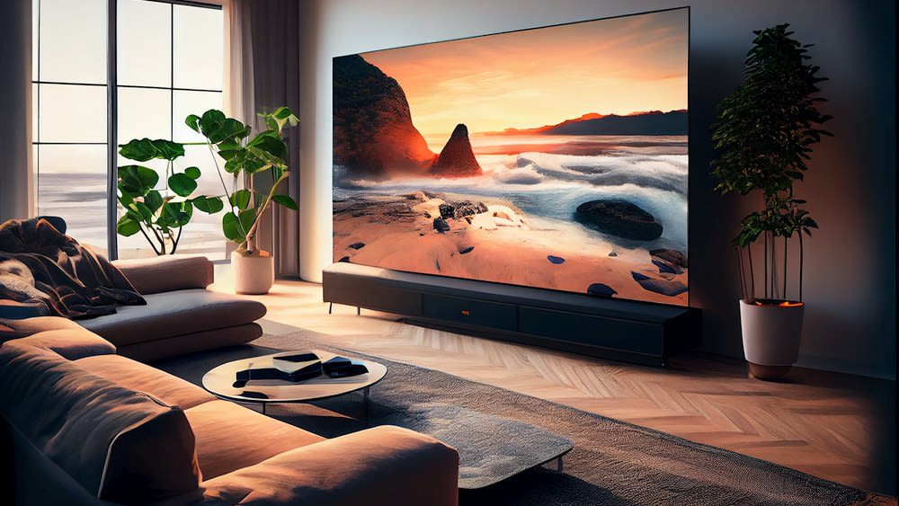 Ein großer 8K-OLED-TV in einem Wohnzimmer.