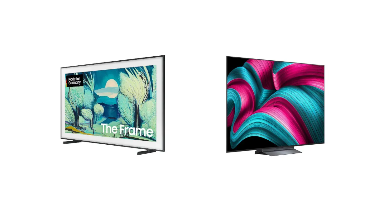 Samsungs The Frame neben LGs OLED65C57LA vor weißem Hintergrund.