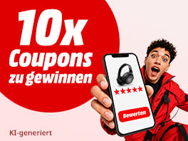 Roter Kreis mit dem Text „10-mal Coupons zu gewinnen“. Daneben hält ein überrascht-begeisterter junger Mann ein Handy nach vorne. Auf dem Display sind schwarze Kopfhörer, darunter fünf rote Bewertungssterne und ein roter Button mit der Aufschrift „Bewerten“ zu sehen. Hinweis: „KI-generiert“. 