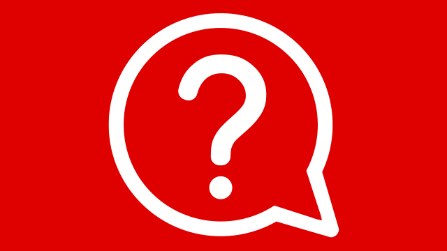 Ein weißes Fragezeichen in einer Sprechblase vor einem roten Hintergrund.