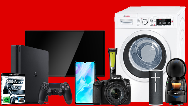 Auf rotem Grund sind Elektronik- und Haushaltsgeräte angeordnet, darunter Fernseher, Waschmaschine und Spielkonsole.