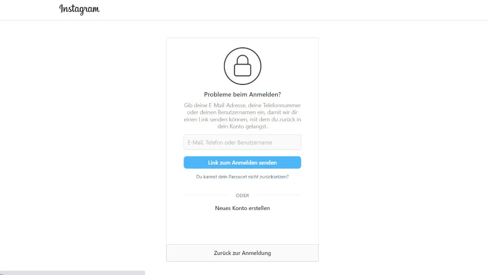 Instagram-Anmeldebildschirm mit Schloss-Symbol. Optionen zur Eingabe von E-Mail, Telefonnummer oder Benutzername. Link zum Anmelden.