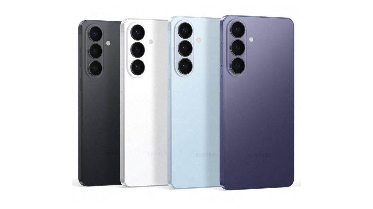 Das Samsung Galaxy S26 in den Farben Schwarz, Weiß, Himmelblau und Violett vor weißem Hintergrund.