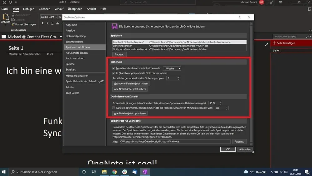 OneNote-Optionen-Fenster mit Einstellungen für Speichern, Sichern und Optimieren von Dateien. Checkboxen und Pfadangaben sind sichtbar.