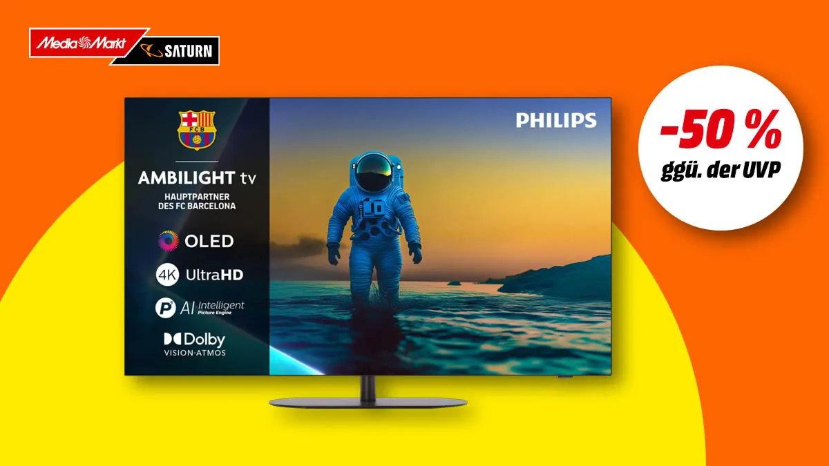 Philips OLED 55OLED810 4K Ambilight TV und Hinweis auf 50 Prozent Rabatt gegenüber UVP auf buntem Hintergrund.