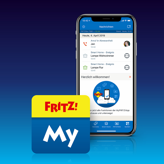 Smartphone mit MyFRITZ!App auf blauem Grund. App-Menü zeigt Optionen wie Nachrichten, FRITZ!NAS, FRITZ!Box und Smart Home. FRITZ!My-Logo.