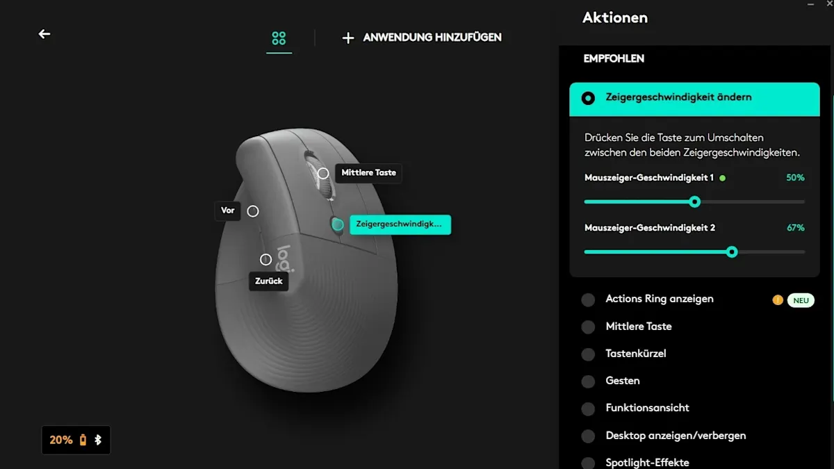 Screenshot der Einstellungen zur Cursor-Geschwindigkeit der Maus Logitech Lift in der Software Logi Options+.