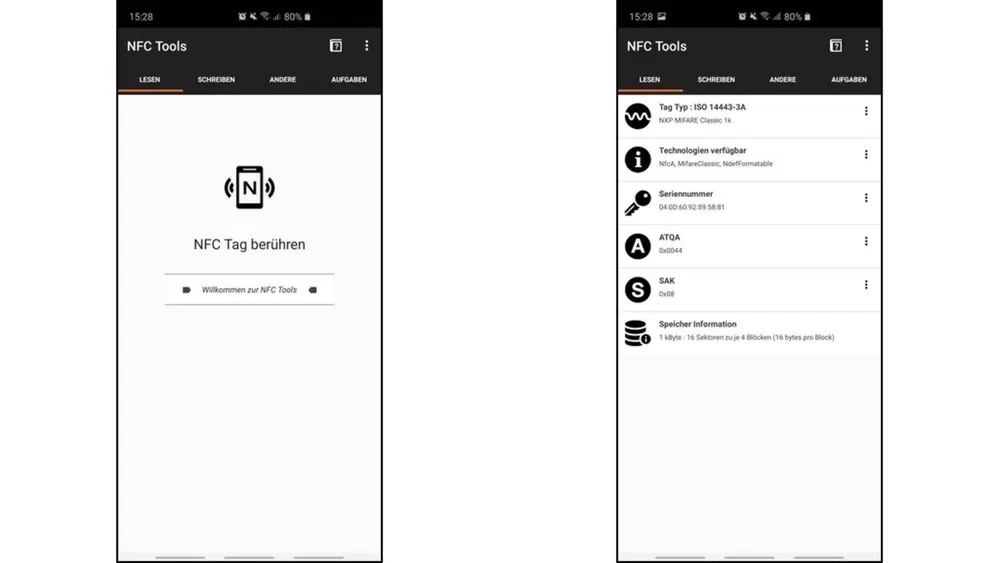 Zwei Smartphone-Bildschirme zeigen die NFC-Tools-App. Der linke Bildschirm fordert zur Berührung des NFC-Tags auf. Der rechte Bildschirm zeigt Tag-Typ- und Speicherinformationen.
