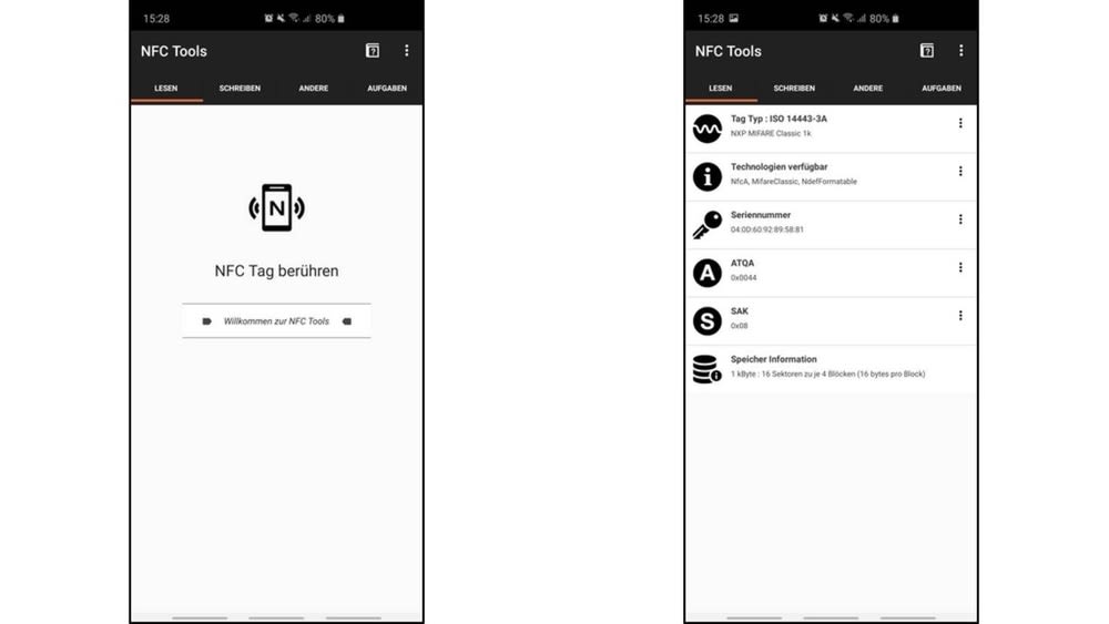 Bildschirmansicht der App NFC Tools zum Auslesen eines RFID Chips