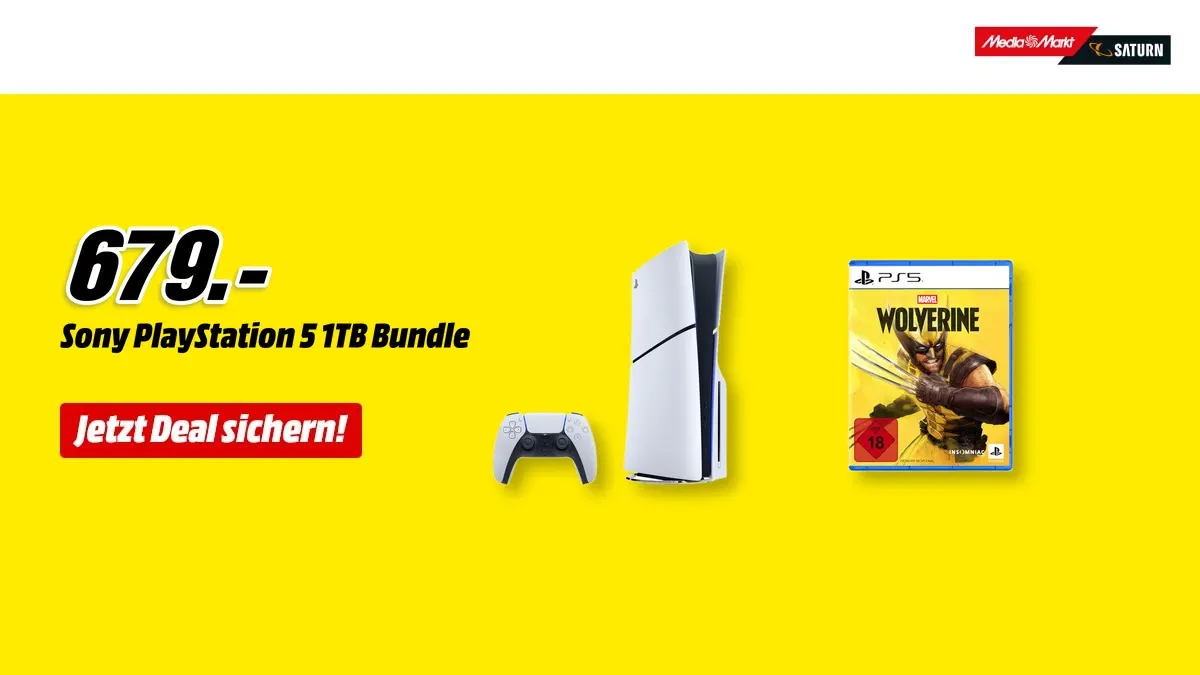 Sony PlayStation 5 1TB Spielekonsole im Marvel's Wolverine Bundle, Frontansicht mit Controller