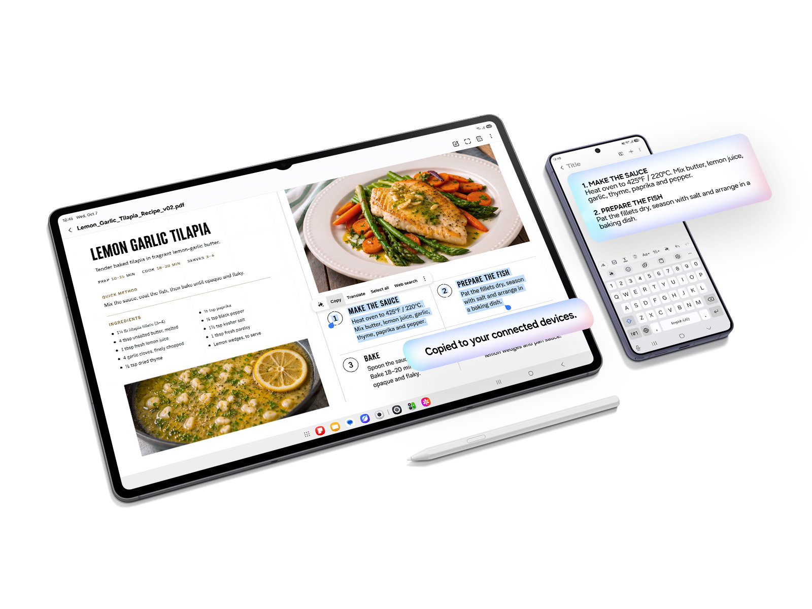 Galaxy Tab S12 Ultra und Galaxy Smartphone beim geräteübergreifenden Kopieren von Rezepttext.