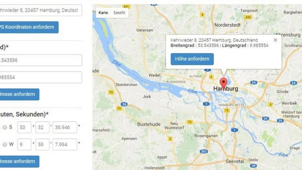 Karte von Hamburg mit Ortsmarkierung, Adressformular links; Schaltfläche "Höhe anfordern" im Popup-Fenster.