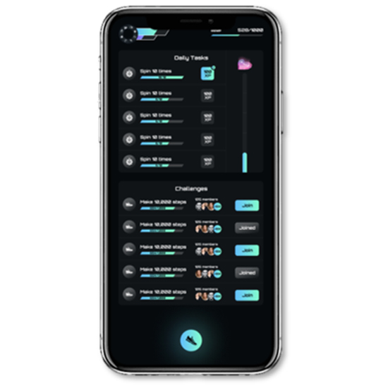 Auf dem Smartphone-Display sind tägliche Aufgaben und Herausforderungen einer App in dunklen Farbtönen aufgelistet.