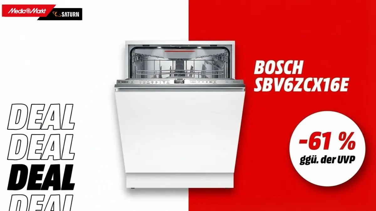 Der Bosch Geschirrspüler und Hinweis auf 61 Prozent Rabatt gegenüber der unverbindlichen Preisempfehlung.