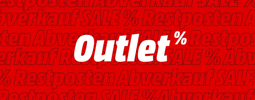 Roter Hintergrund mit sich wiederholenden, dunkleren Verkaufsbegriffen. Der weiße Text "Outlet %" ist zentriert im Vordergrund.