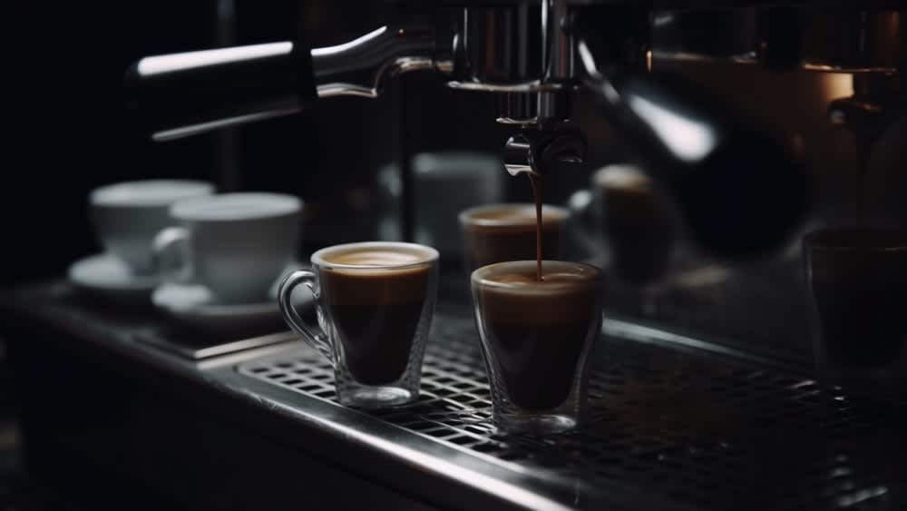 Zwei vollgefüllte Espresso-Tassen stehen neben einer Siebträgermaschine.