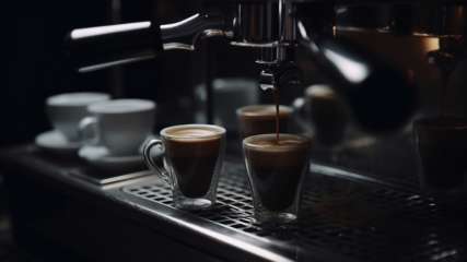 Zwei vollgefüllte Espresso-Tassen stehen neben einer Siebträgermaschine.