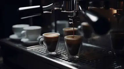 Espresso wird in zwei Glasbecher gefüllt, die auf einer Abtropffläche aus Metall stehen. Eine Espressomaschine ist im Hintergrund.