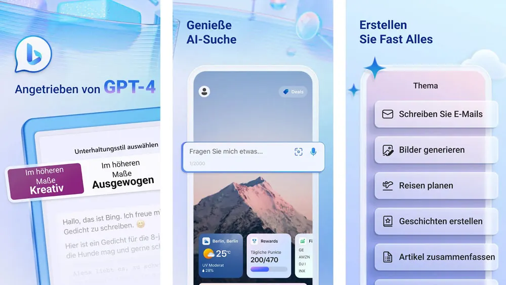 Drei Smartphone-Screens zeigen: KI-Suche, Themenauswahl, E-Mail-Optionen und Berglandschaft. Textfelder mit Optionen.