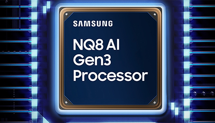 Auf blauem Grund steht „Samsung NQ8 AI Gen3 Prozessor“ in Weiß. Ein goldener Rahmen umgibt den Text. Blaue Linien sind links und rechts.